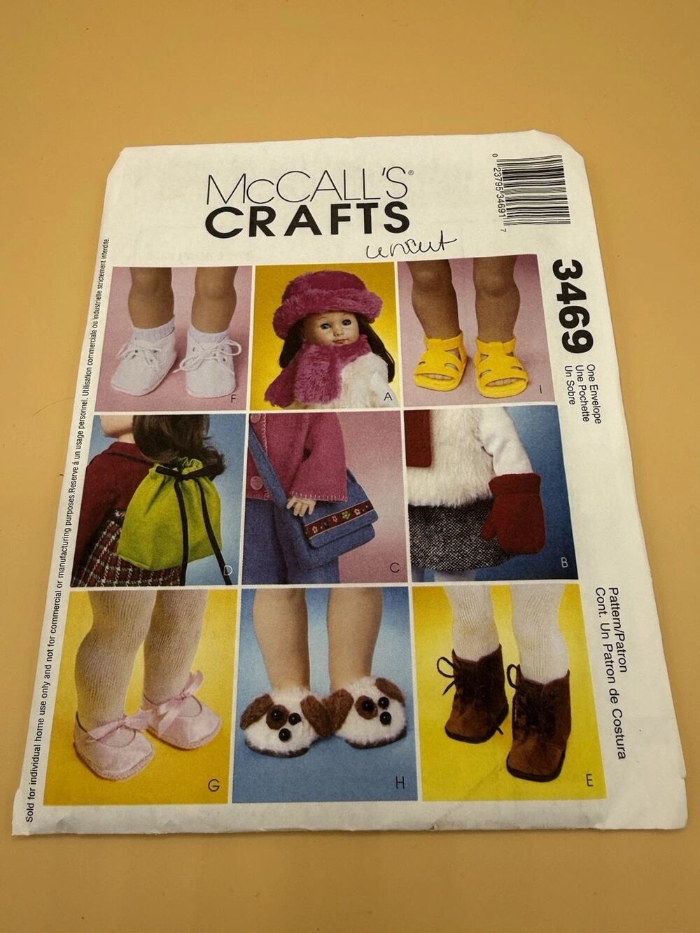 McCall’s 3469 Doll Accessories Pattern Hat Mittens Bag Shoes Slippers UNCUT